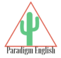 Paradigm English's logo which is a green cactus in the middle of the a thin, red triangle