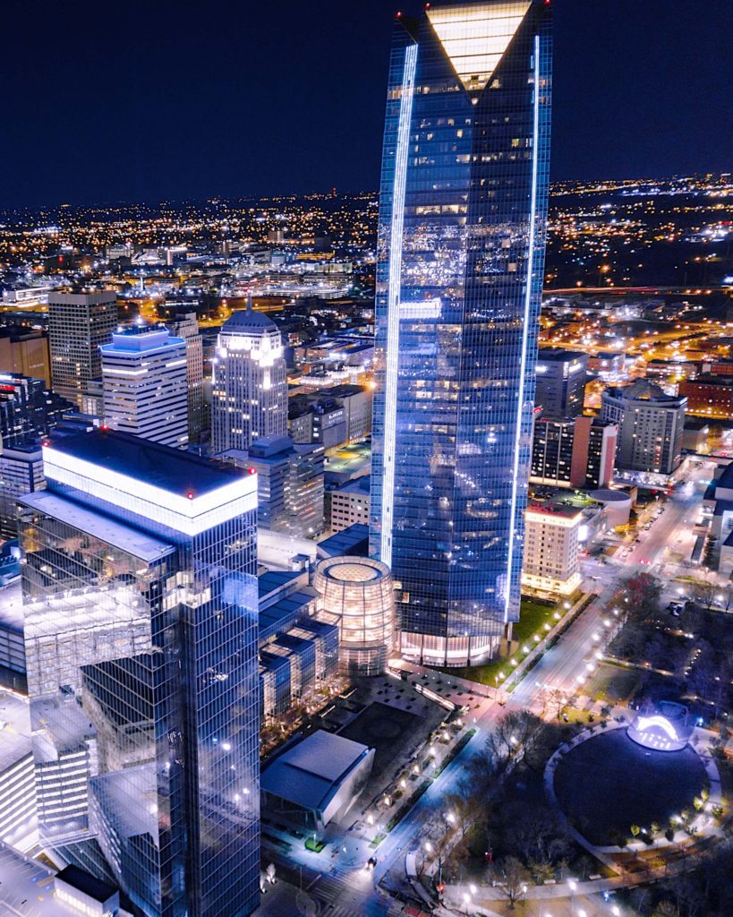a beautiful nighttime view of downtown/bricktown Oklahoma City (OKC) that shows the Devon Tower for ESL students in English programs in Oklahoma